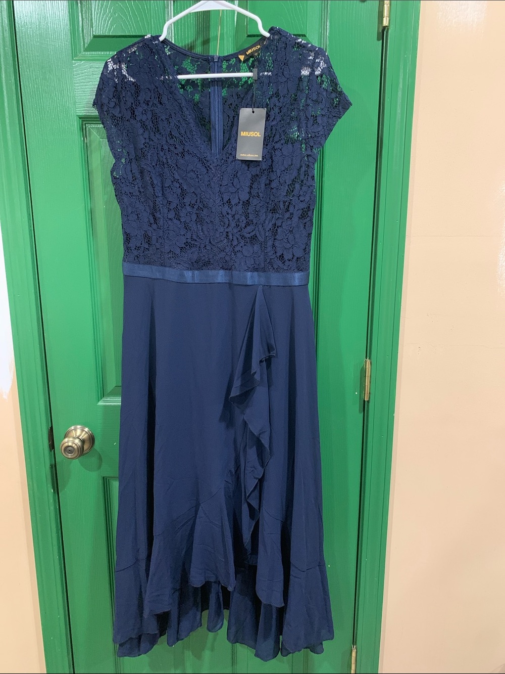 Miusol Navy Lace & Chiffon High-Low Dress